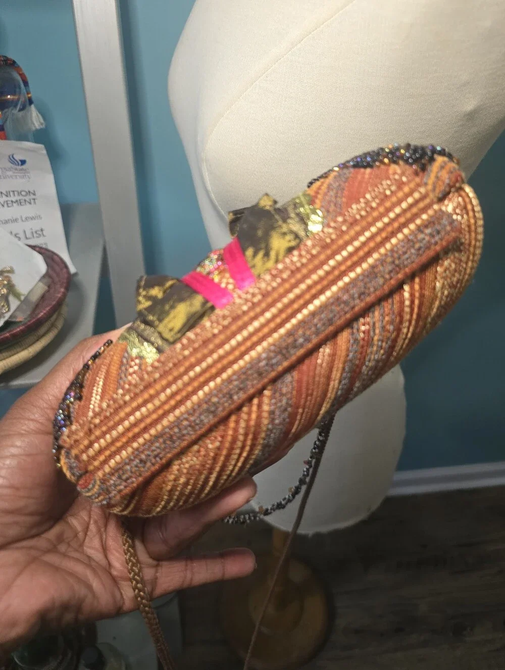 Embellished Beaded Multi Earth-Toned Crossbody Bag